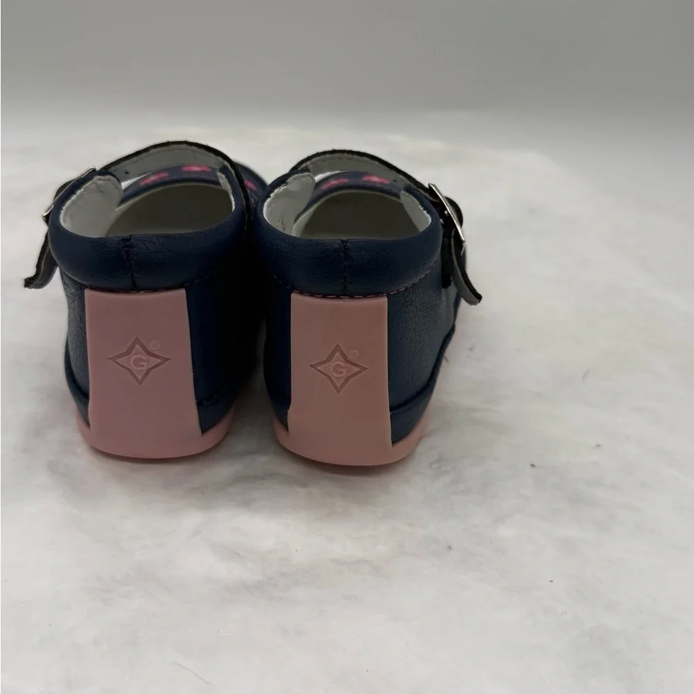 Toddler Navy Mary Jane Leather Shoes with Pink Flower Accents Size EU 22 US 6